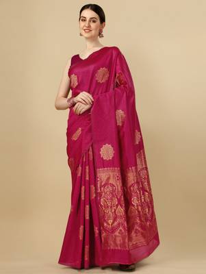 Pink silk blend banarasi saree with unstitched blouse piece 3