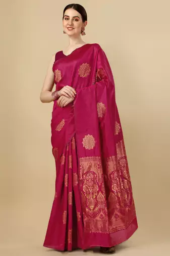 Pink silk blend banarasi saree with unstitched blouse piece