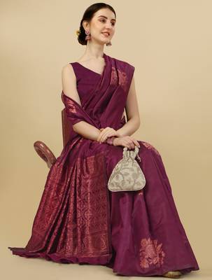 Purple silk blend banarasi saree with unstitched blouse piece 1