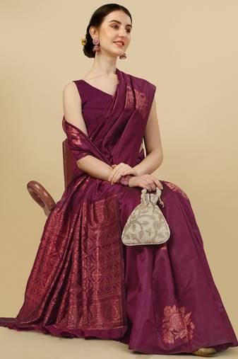 Purple soft silk blend banarasi jacuard work designer party wear saree with unstitched blouse piece