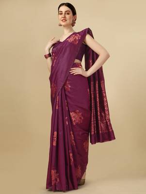 Purple silk blend banarasi saree with unstitched blouse piece 2