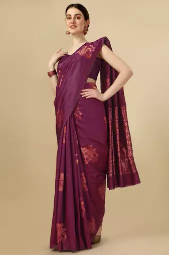 Purple silk blend banarasi saree with unstitched blouse piece