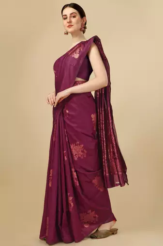 Purple silk blend banarasi saree with unstitched blouse piece