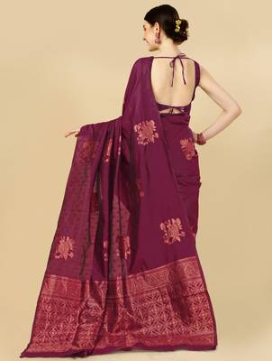 Purple silk blend banarasi saree with unstitched blouse piece 4