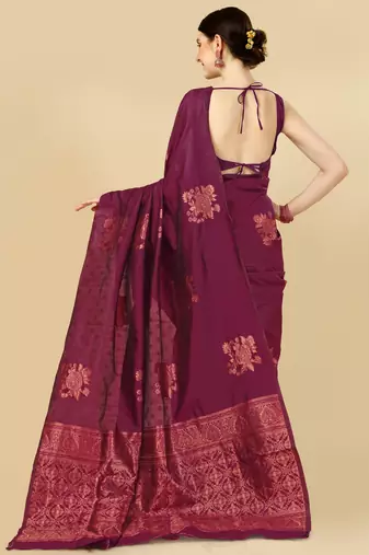 Purple silk blend banarasi saree with unstitched blouse piece