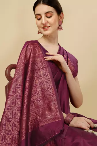 Purple silk blend banarasi saree with unstitched blouse piece