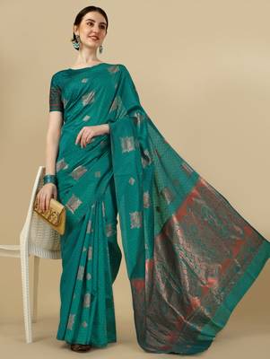 Rama silk blend banarasi saree with unstitched blouse piece 1