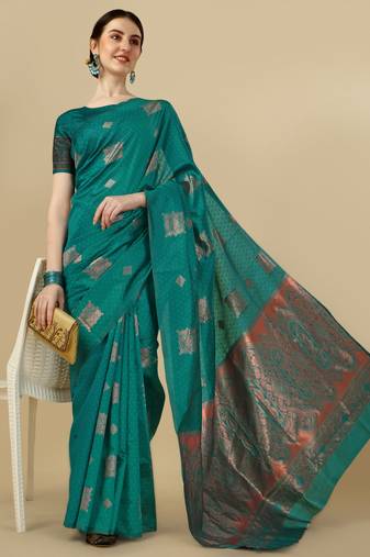 Rama soft silk blend banarasi jacuard work designer party wear saree with unstitched blouse piece