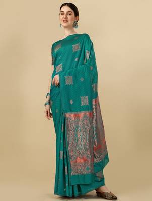 Rama silk blend banarasi saree with unstitched blouse piece 2