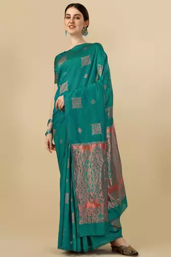 Rama silk blend banarasi saree with unstitched blouse piece