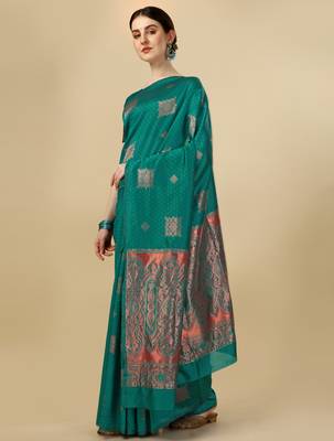 Rama silk blend banarasi saree with unstitched blouse piece 3