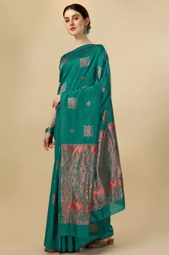 Rama silk blend banarasi saree with unstitched blouse piece