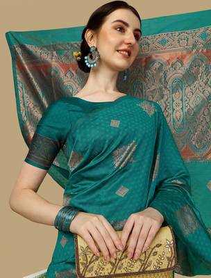Rama silk blend banarasi saree with unstitched blouse piece 4