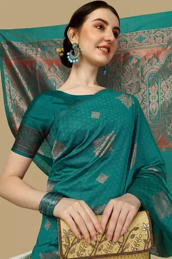 Rama silk blend banarasi saree with unstitched blouse piece