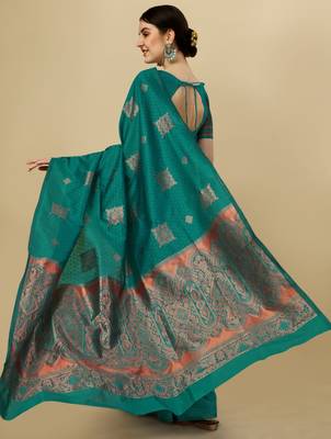 Rama silk blend banarasi saree with unstitched blouse piece 5