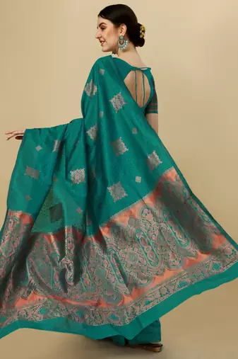 Rama silk blend banarasi saree with unstitched blouse piece