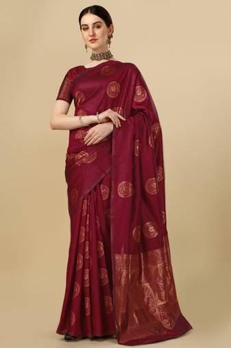 Maroon soft silk blend banarasi jacuard work designer party wear saree with unstitched blouse piece