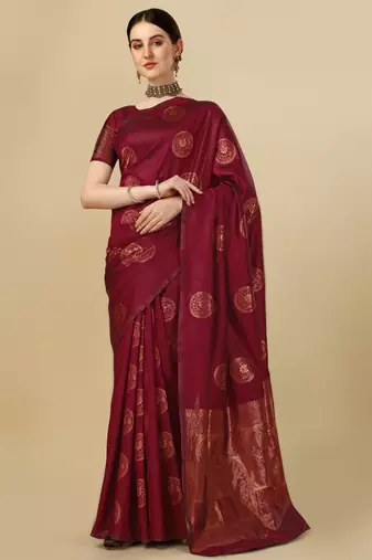 Maroon soft silk blend banarasi jacuard work designer party wear saree with unstitched blouse piece