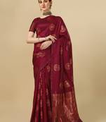 Maroon soft silk blend banarasi jacuard work designer party wear saree with unstitched blouse piece