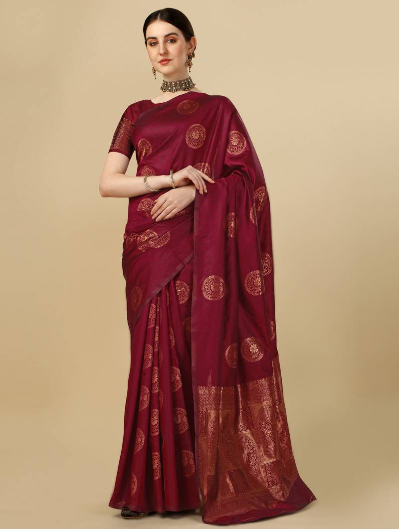 Maroon soft silk blend banarasi jacuard work designer party wear saree with unstitched blouse piece