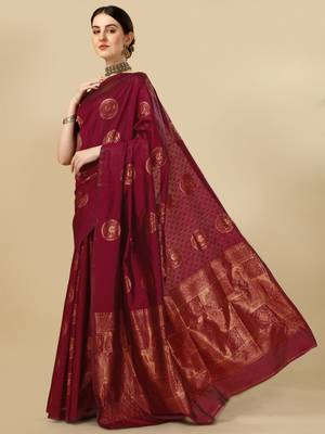 Maroon silk blend banarasi saree with unstitched blouse piece 2