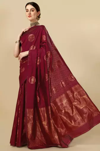 Maroon silk blend banarasi saree with unstitched blouse piece