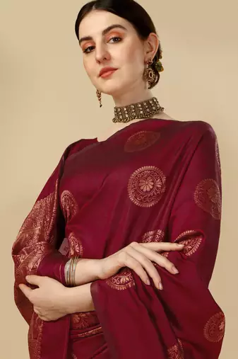 Maroon silk blend banarasi saree with unstitched blouse piece