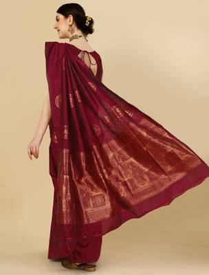 Maroon silk blend banarasi saree with unstitched blouse piece 4