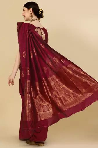 Maroon silk blend banarasi saree with unstitched blouse piece