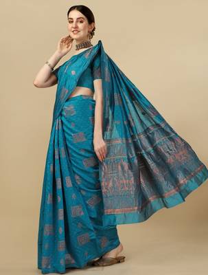 Rama silk blend banarasi saree with unstitched blouse piece 1