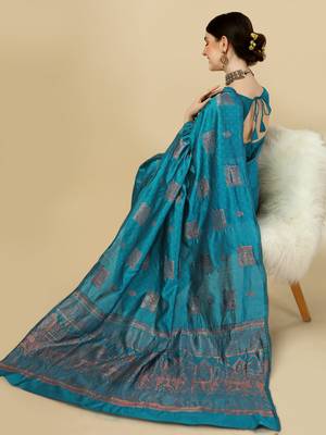 Rama silk blend banarasi saree with unstitched blouse piece 2