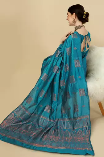 Rama silk blend banarasi saree with unstitched blouse piece