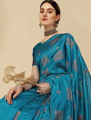 Rama silk blend banarasi saree with unstitched blouse piece 3