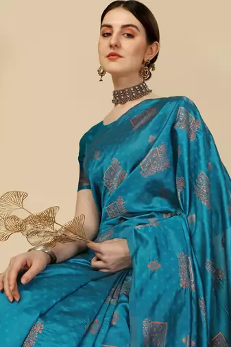 Rama silk blend banarasi saree with unstitched blouse piece