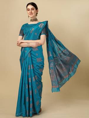 Rama silk blend banarasi saree with unstitched blouse piece 4