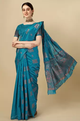 Rama silk blend banarasi saree with unstitched blouse piece