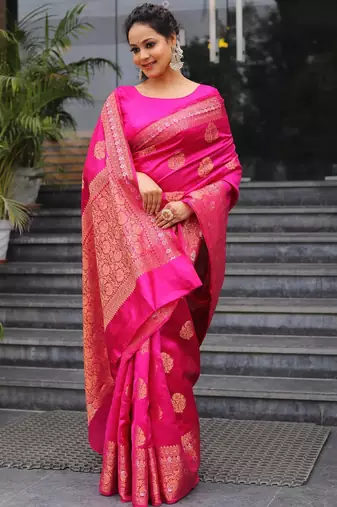 Pink soft silk blend banarasi jacuard work designer party wear saree with unstitched blouse piece