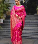 Pink soft silk blend banarasi jacuard work designer party wear saree with unstitched blouse piece