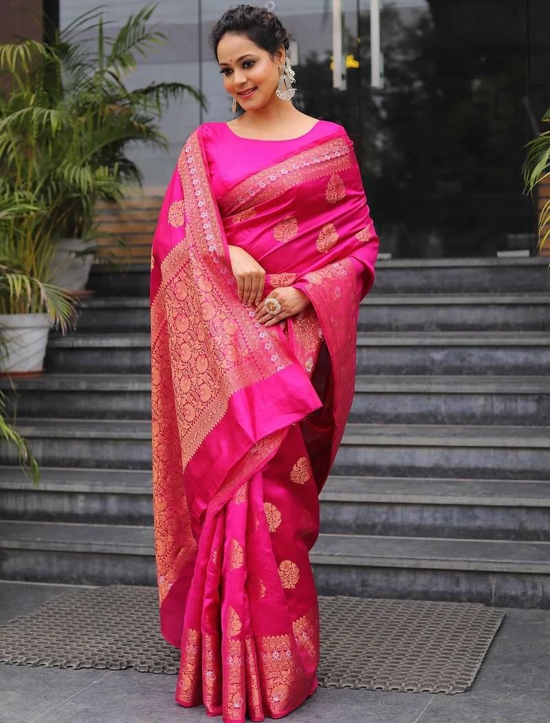 Pink soft silk blend banarasi jacuard work designer party wear saree with unstitched blouse piece