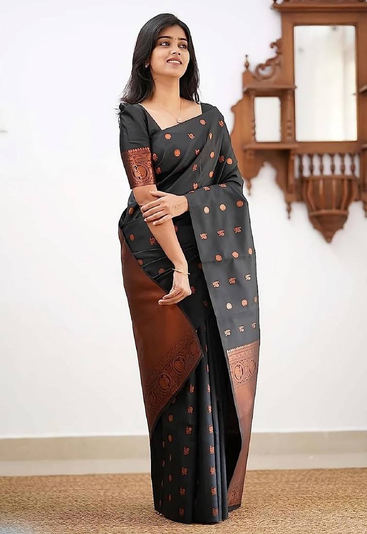 Black soft silk blend banarasi jacuard work designer party wear saree with unstitched blouse piece