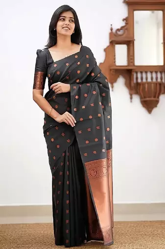 Black silk blend banarasi saree with unstitched blouse piece