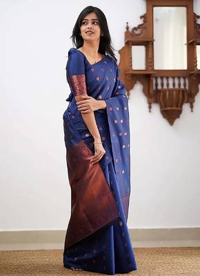 Blue silk blend banarasi saree with unstitched blouse piece 1