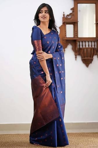 Blue soft silk blend banarasi jacuard work designer party wear saree with unstitched blouse piece