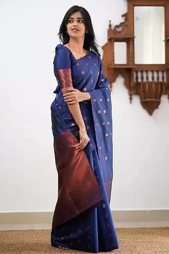 Blue soft silk blend banarasi jacuard work designer party wear saree with unstitched blouse piece