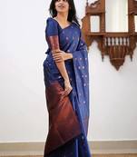 Blue soft silk blend banarasi jacuard work designer party wear saree with unstitched blouse piece