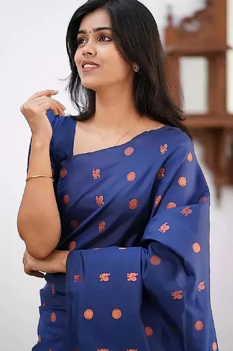 Blue silk blend banarasi saree with unstitched blouse piece
