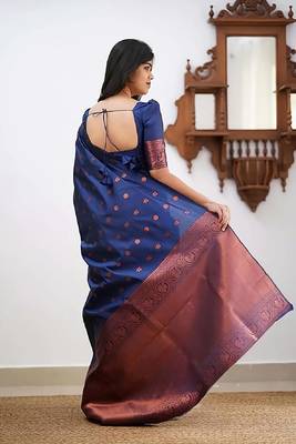 Blue silk blend banarasi saree with unstitched blouse piece 3