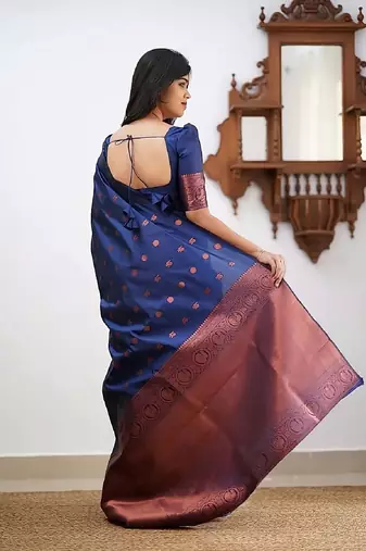 Blue silk blend banarasi saree with unstitched blouse piece