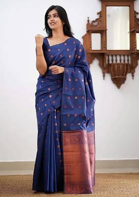 Blue silk blend banarasi saree with unstitched blouse piece 4