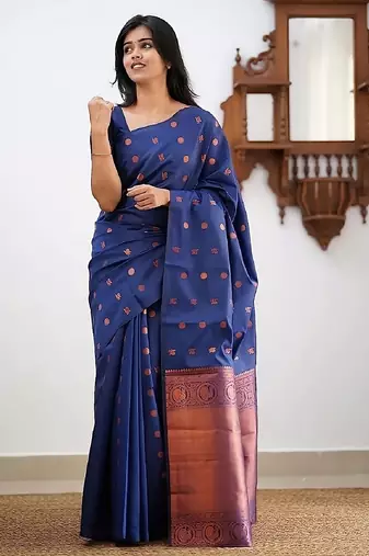 Blue silk blend banarasi saree with unstitched blouse piece